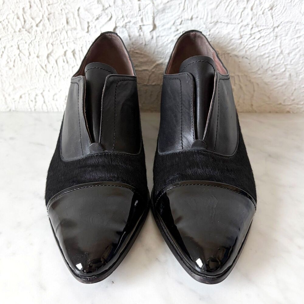 Donald J Pliner Cap Toe Loafer Women's 9.5 Black Leather Calf Hair Heels Slip On